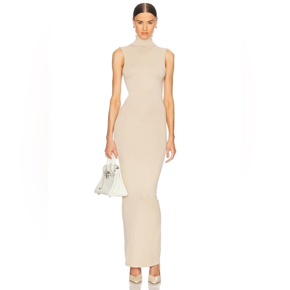 NWT Helsa Maxi Dress Nude Beige Knit Turtleneck Sweater Aadi Sleeveless size S
